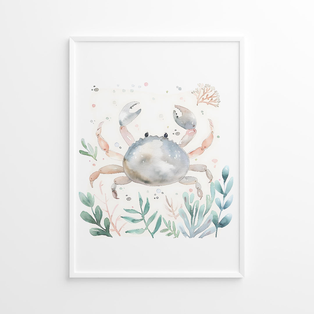 Framed artwork of a crab with floral elements on a white background