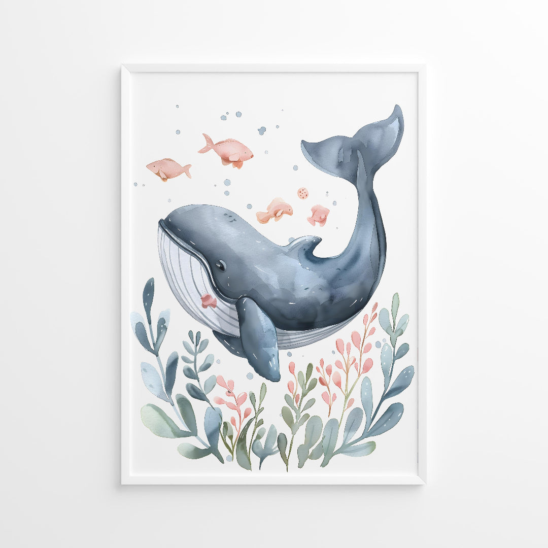 Framed artwork of a whale and underwater plants on a white background