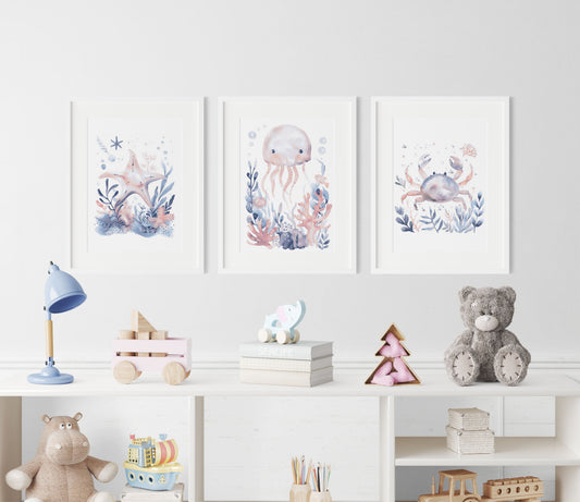 Blue Creatures Nursery Wall Art Set of 3 Prints