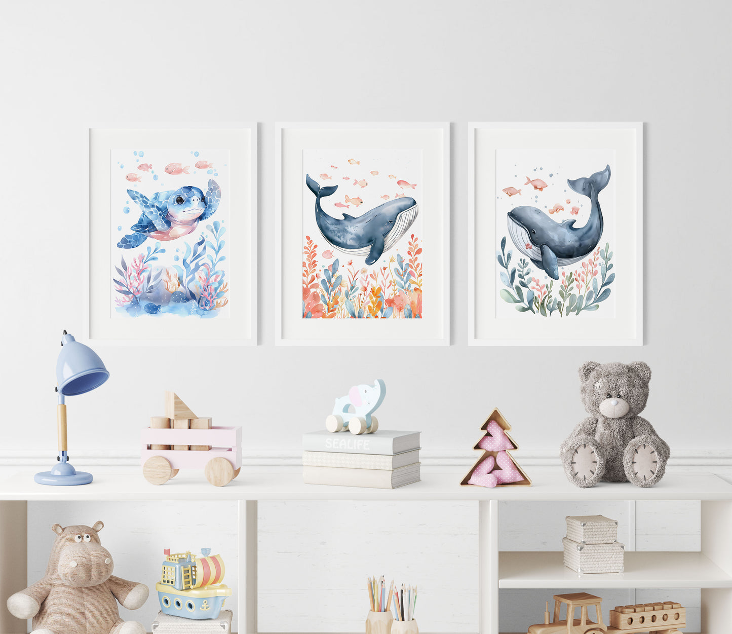 Ensemble de 3 impressions encadrées Splashy la baleine pour chambre d'enfant