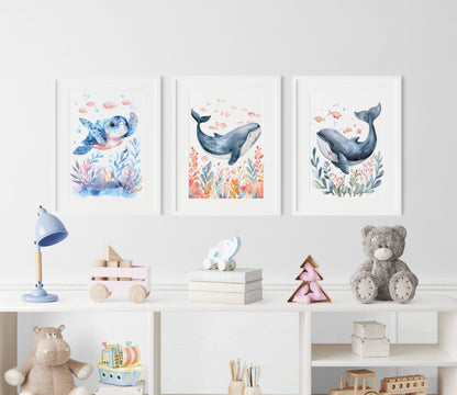 Splashy the Whale Nursery Wall Art Set of 3 Prints