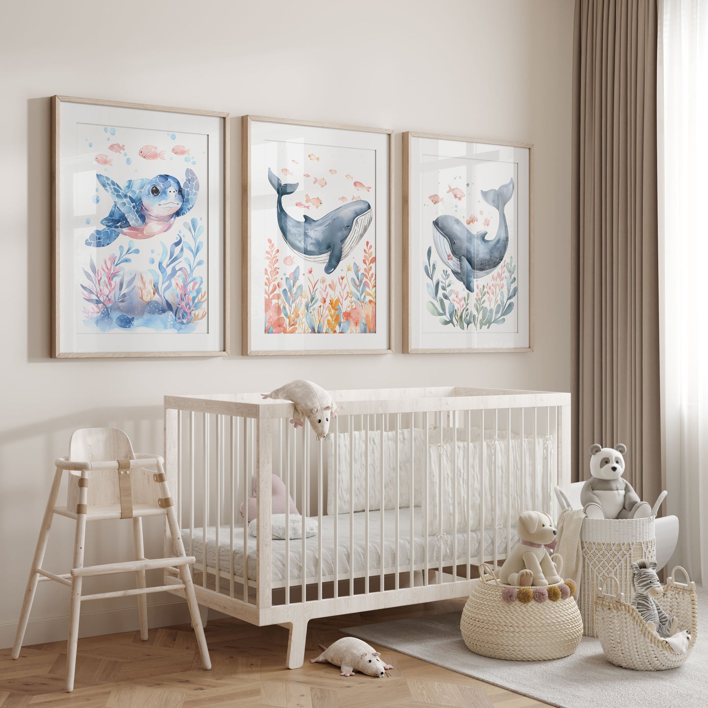 Ensemble de 3 impressions encadrées Splashy la baleine pour chambre d'enfant