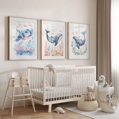 Ensemble de 3 impressions encadrées Splashy la baleine pour chambre d'enfant