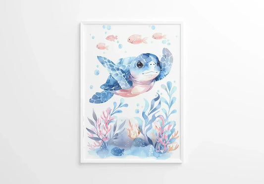 Blue Turtle Nursery Wall Art Framed Print - Print