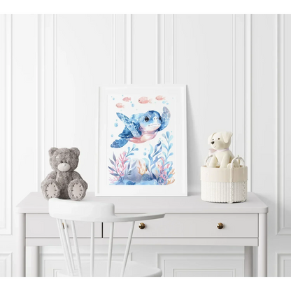 Blue Turtle Nursery Wall Art Framed Print - Print