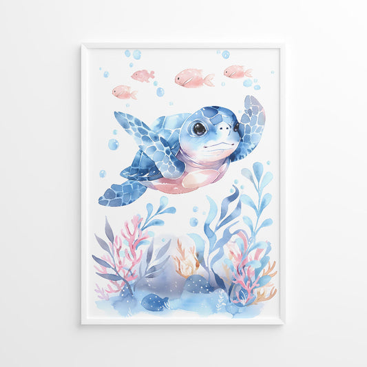 vibrant watercolor illustration of a blue turtle in the sea