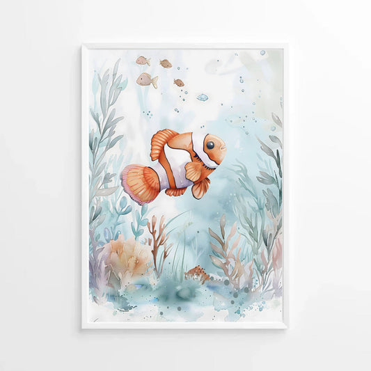 watercolor illustration of a cute clownfish in the sea