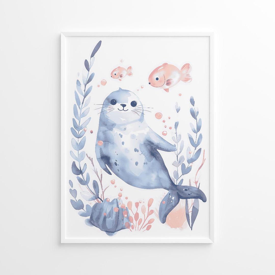 Illustration of a seal surrounded by seaweed and small fish on a white background