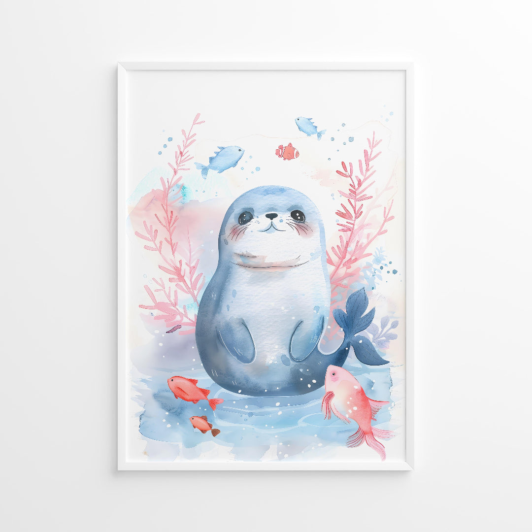 cute watercolor seal and red fish in water