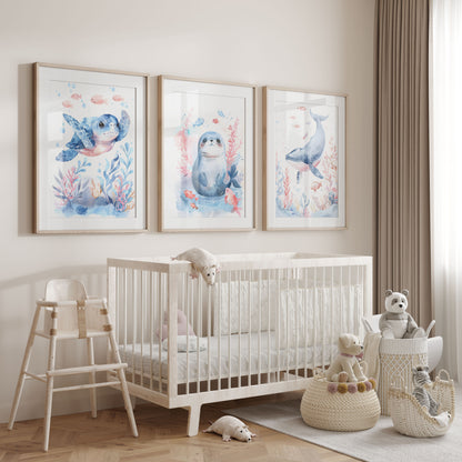 Lot de 3 tableaux encadrés pour chambre d'enfant représentant une tortue bleue, un phoque et une baleine