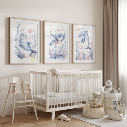 Seal Dolphin and Turtle Nursery Wall Art Set of 3 Prints
