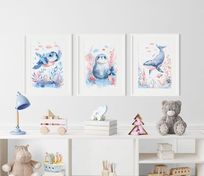 Lot de 3 tableaux encadrés pour chambre d'enfant représentant une tortue bleue, un phoque et une baleine