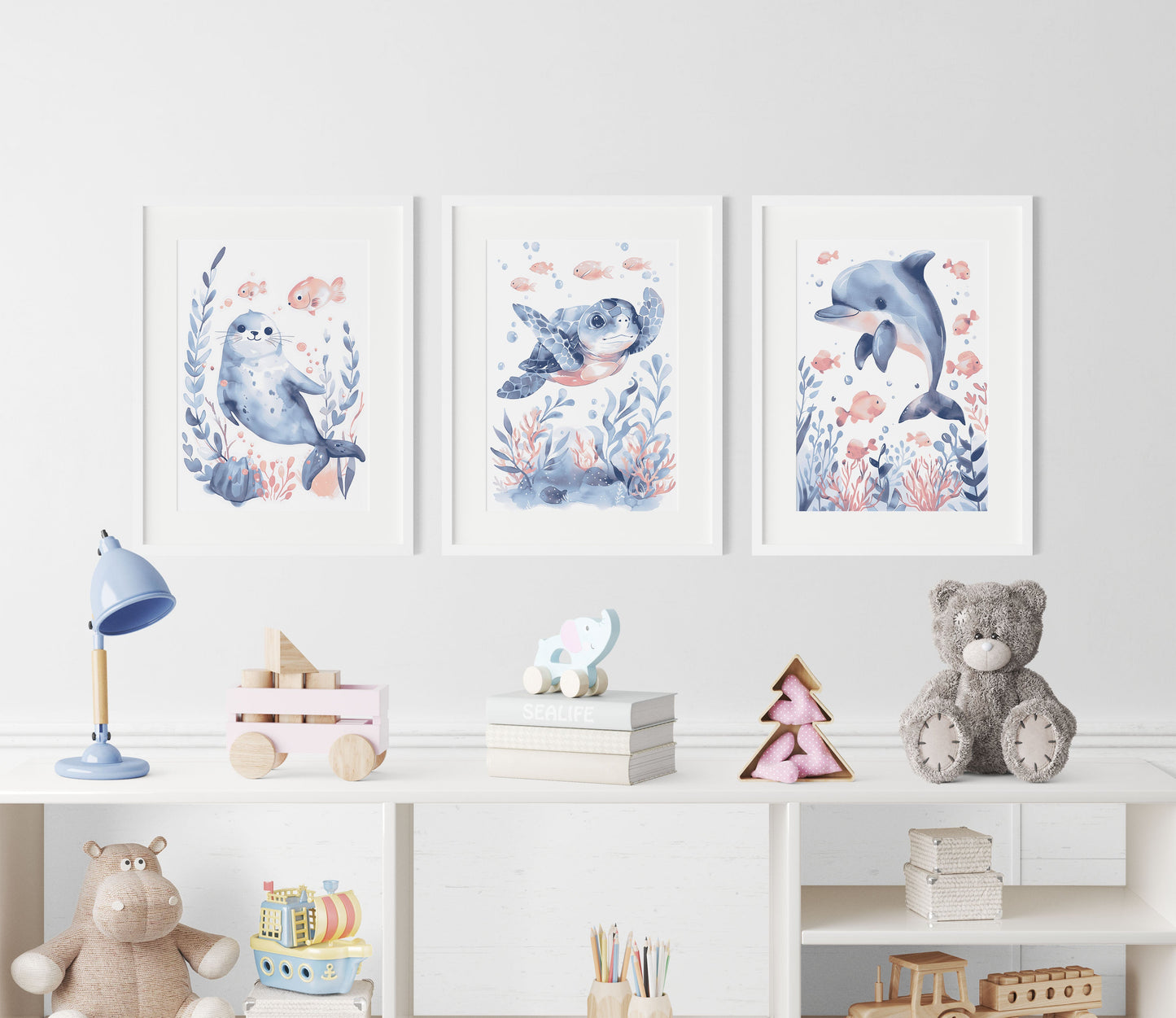 Seal Dolphin and Turtle Nursery Wall Art Set of 3 Prints