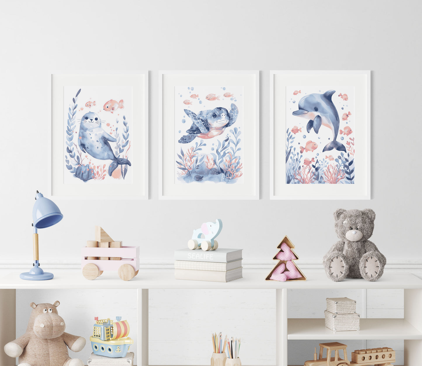 Lot de 3 cadres décoratifs pour chambre d'enfant avec sceau, dauphin et tortue