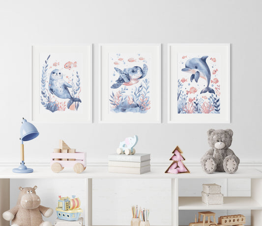 Seal Dolphin and Turtle Nursery Wall Art Set of 3 Framed Prints