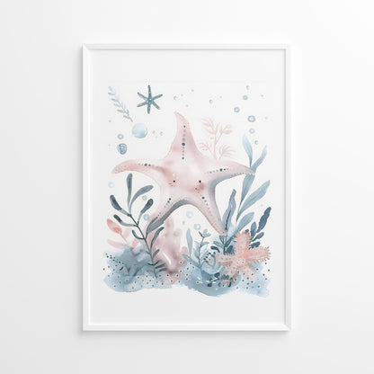 Framed artwork with starfish and underwater plants on a white background