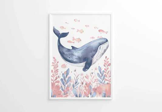 Whale in the Sea Nursery Wall Art Print - Print