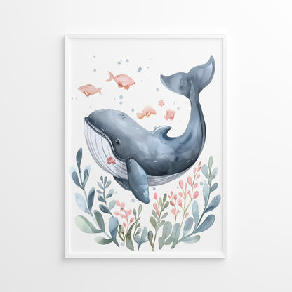 Framed artwork of a whale and underwater plants on a white background