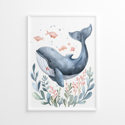 Framed artwork of a whale and underwater plants on a white background