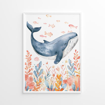 Framed artwork of a whale surrounded by floral elements on a white background